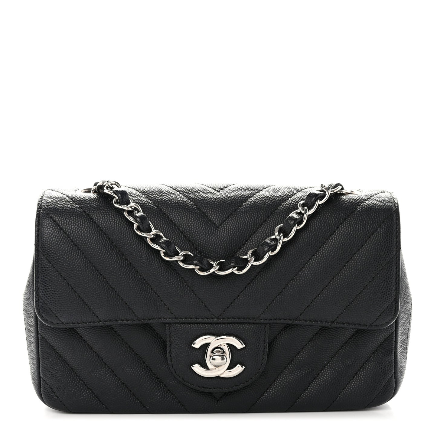 Caviar Chevron Quilted Mini Rectangular Flap Black
