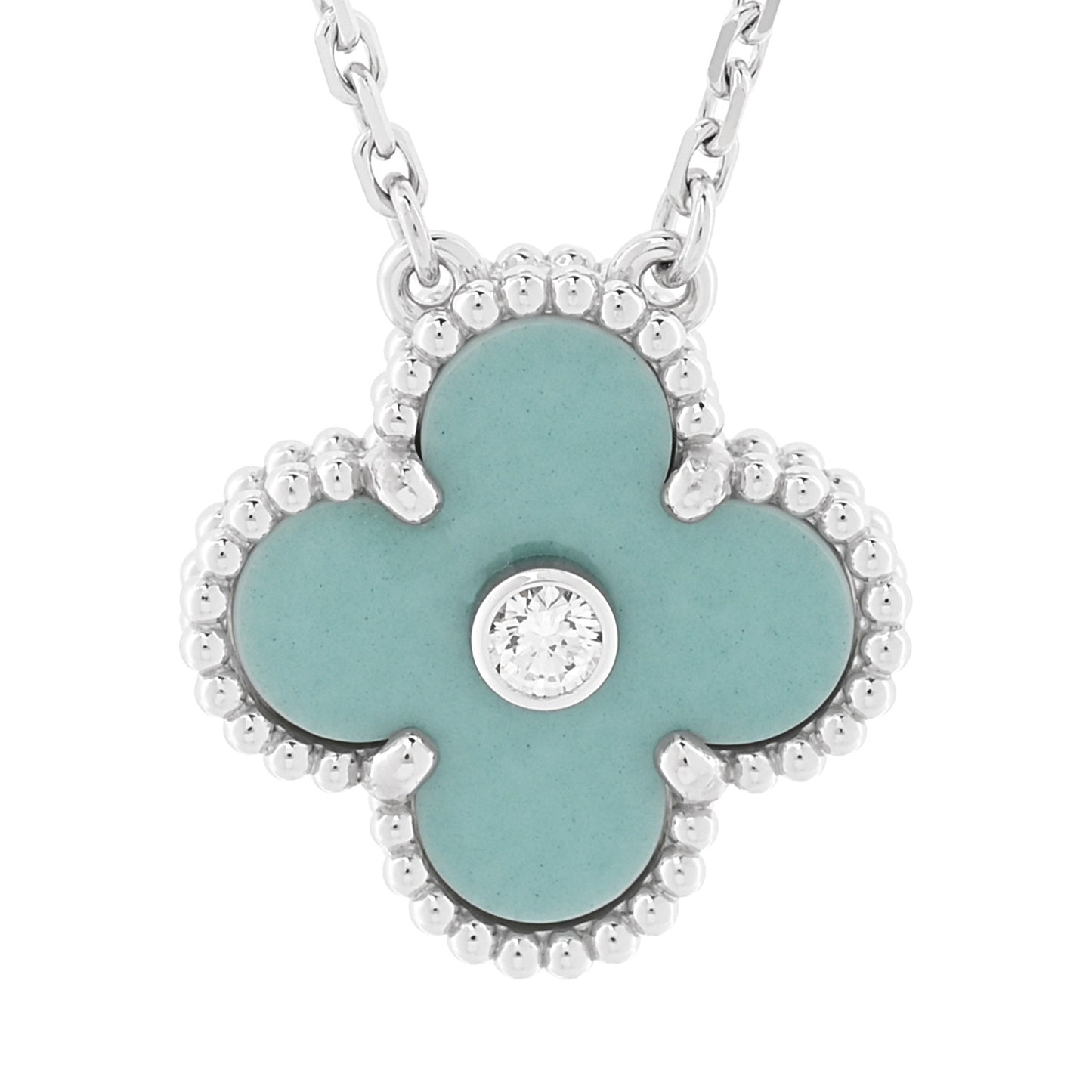 18K White Gold Diamond Celadon Green Sevres Porcelain Vintage Alhambra Pendant Necklace
