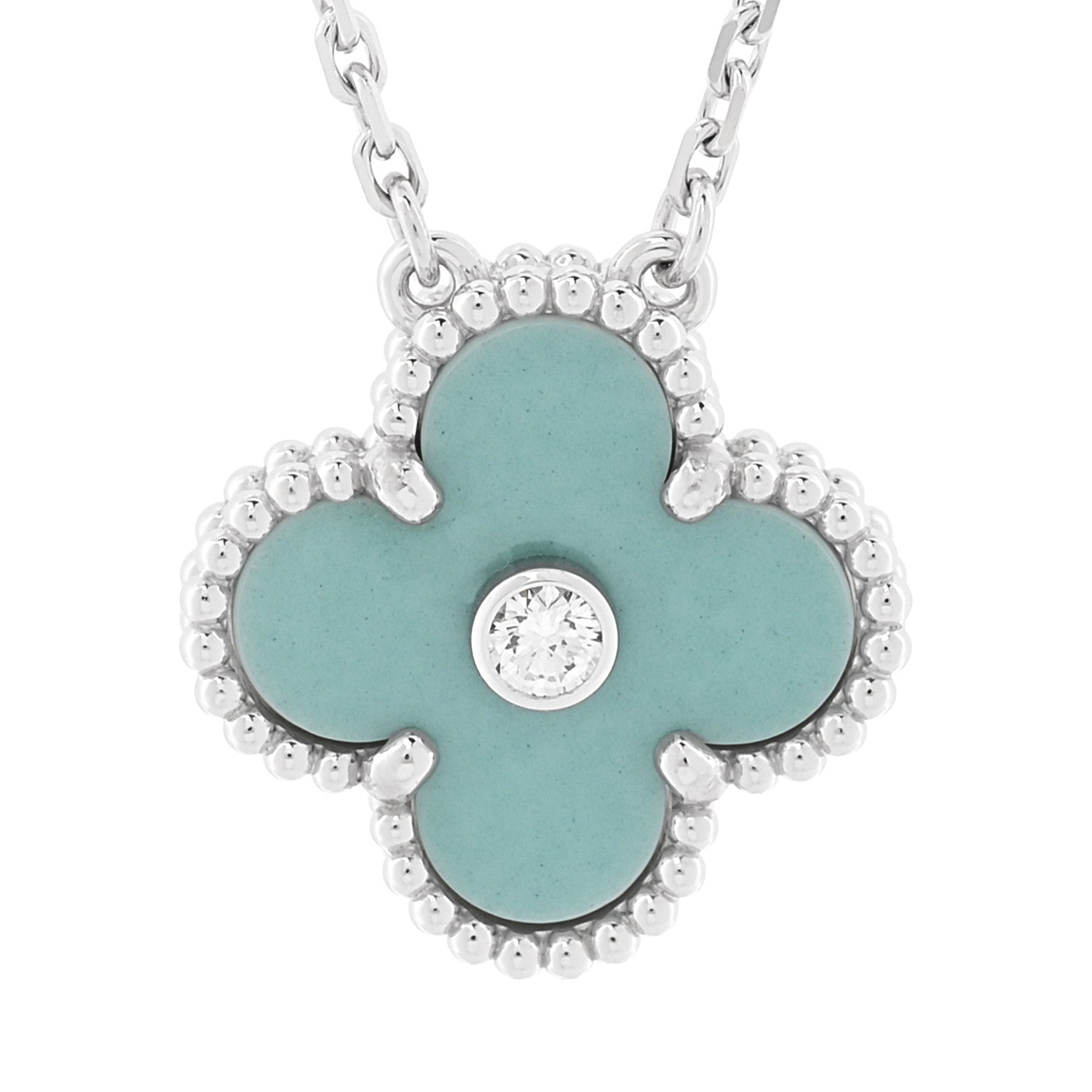 Van Cleef & Arpels 18K White Gold Diamond Celadon Green Sevres Porcelain Vintage Alhambra Pendant Necklace 4 of 7