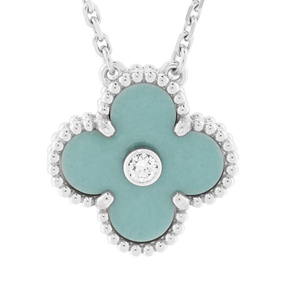 Van Cleef & Arpels 18K White Gold Diamond Celadon Green Sevres Porcelain Vintage Alhambra Pendant Necklace 4 of 7