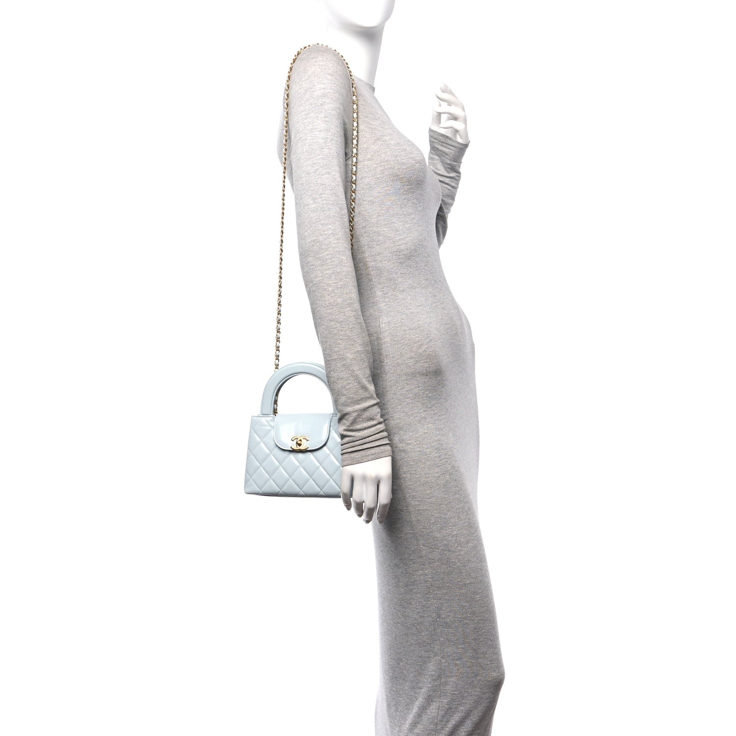 Shiny Aged Calfskin Quilted Nano Kelly Shopper Light Blue