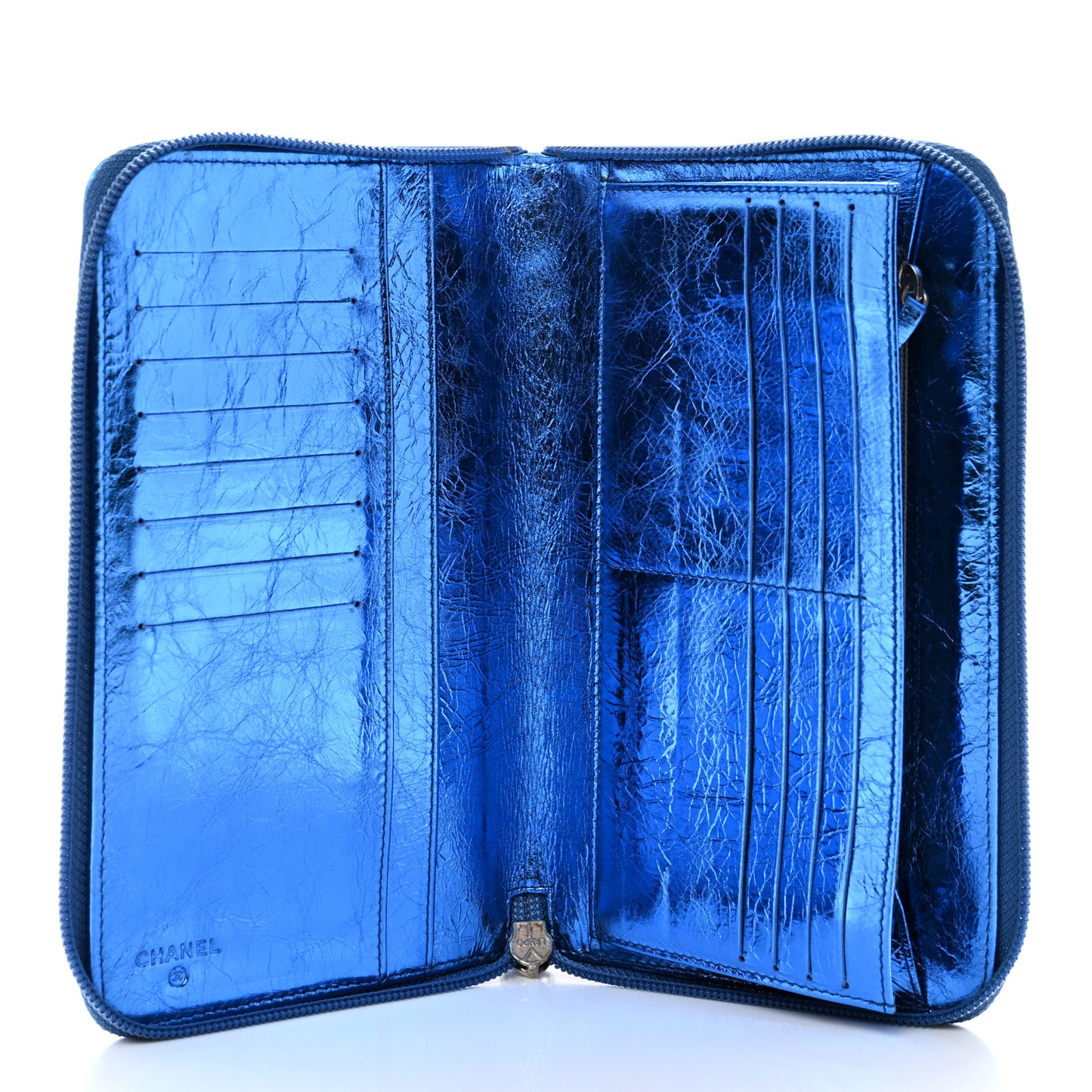 Metallic Aged Calfskin CC Bow Wallet Blue
