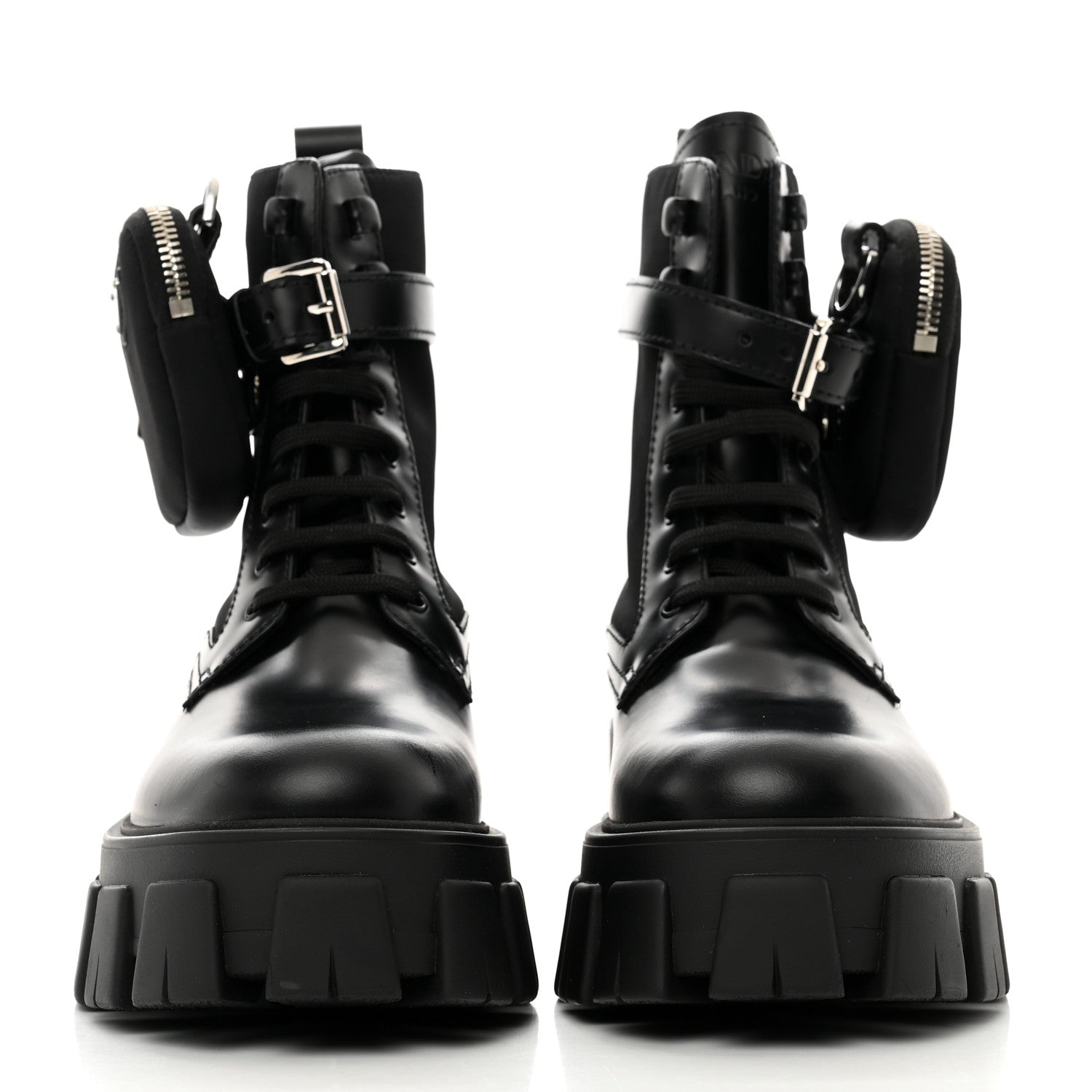 Prada Spazzolato Rois Nylon Metal Triangle Logo Monolith Pouch Pocket 55mm Boots 37.5 Black 2 of 9