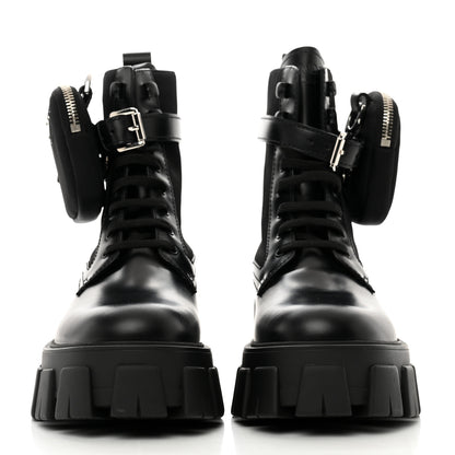 Prada Spazzolato Rois Nylon Metal Triangle Logo Monolith Pouch Pocket 55mm Boots 37.5 Black 2 of 9