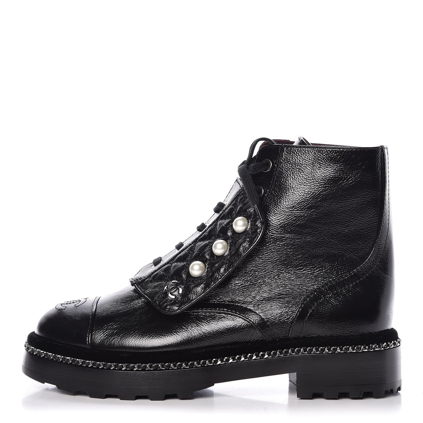 Crackled Calfskin Velvet Pearl Combat Short Boots 37.5 Black