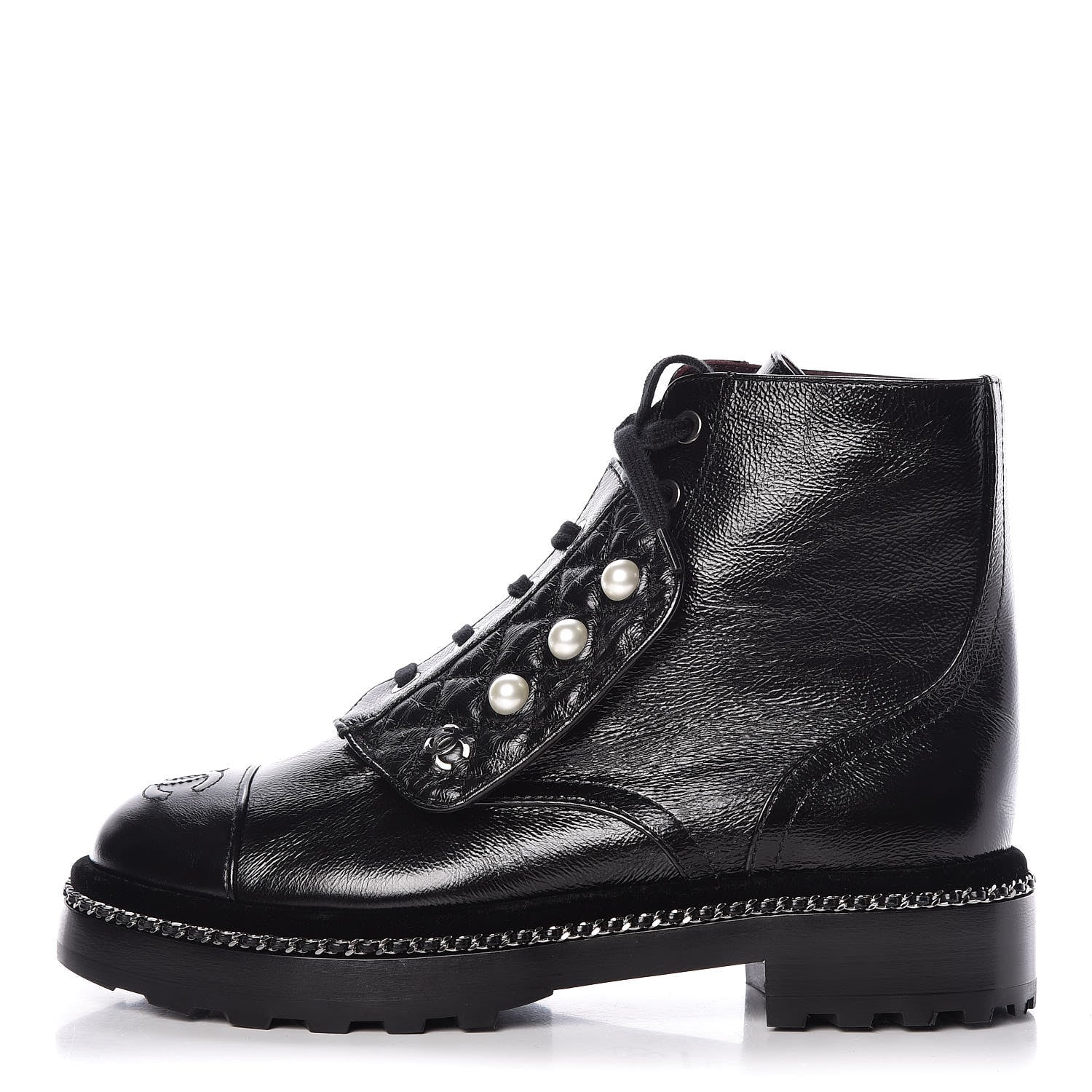 Chanel Crackled Calfskin Velvet Pearl Combat Short Boots 37.5 Black 1 of 9