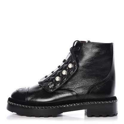 Chanel Crackled Calfskin Velvet Pearl Combat Short Boots 37.5 Black 1 of 9