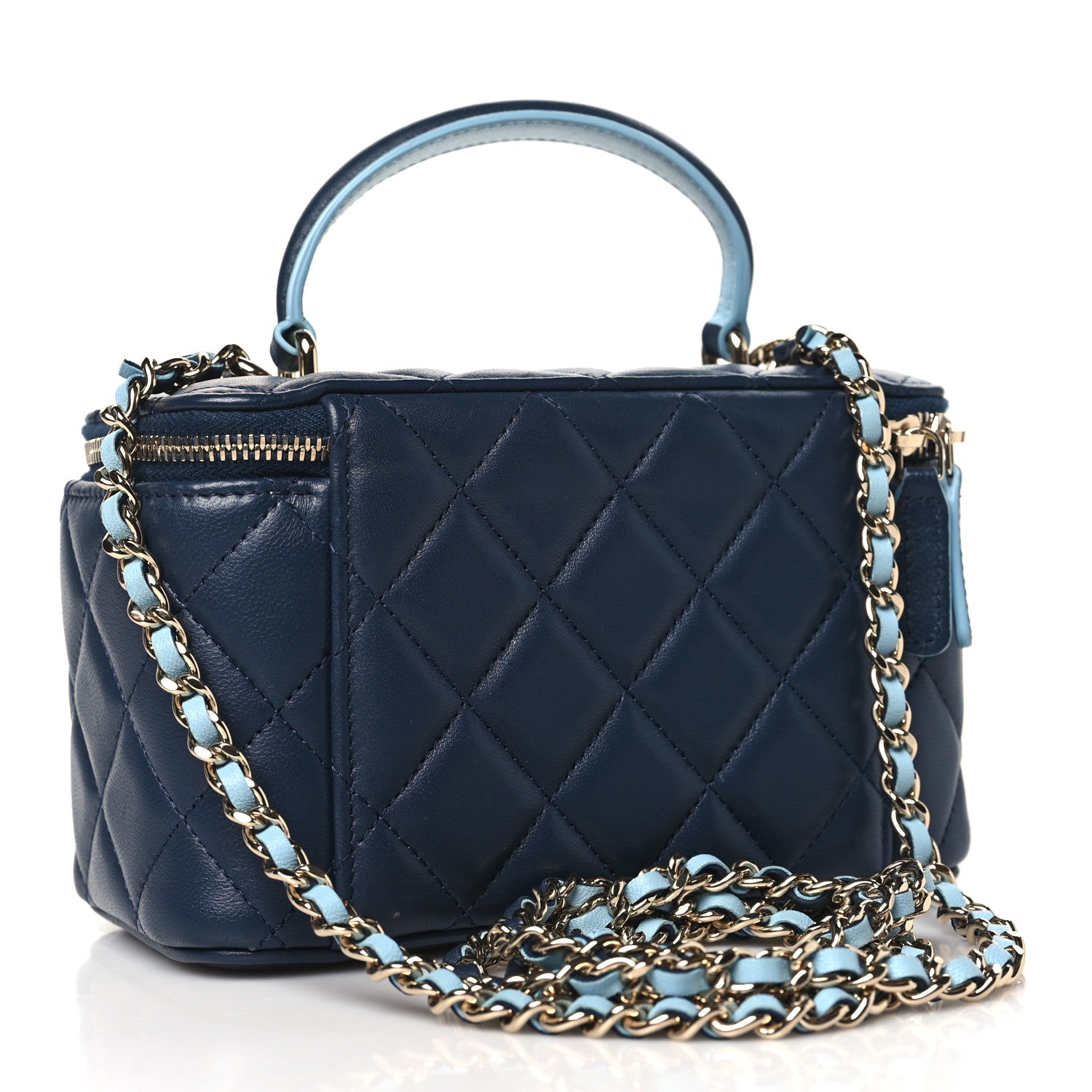 Chanel Lambskin Quilted Small Top Handle Vanity Case With Chain Dark Blue Light Blue 3 of 12