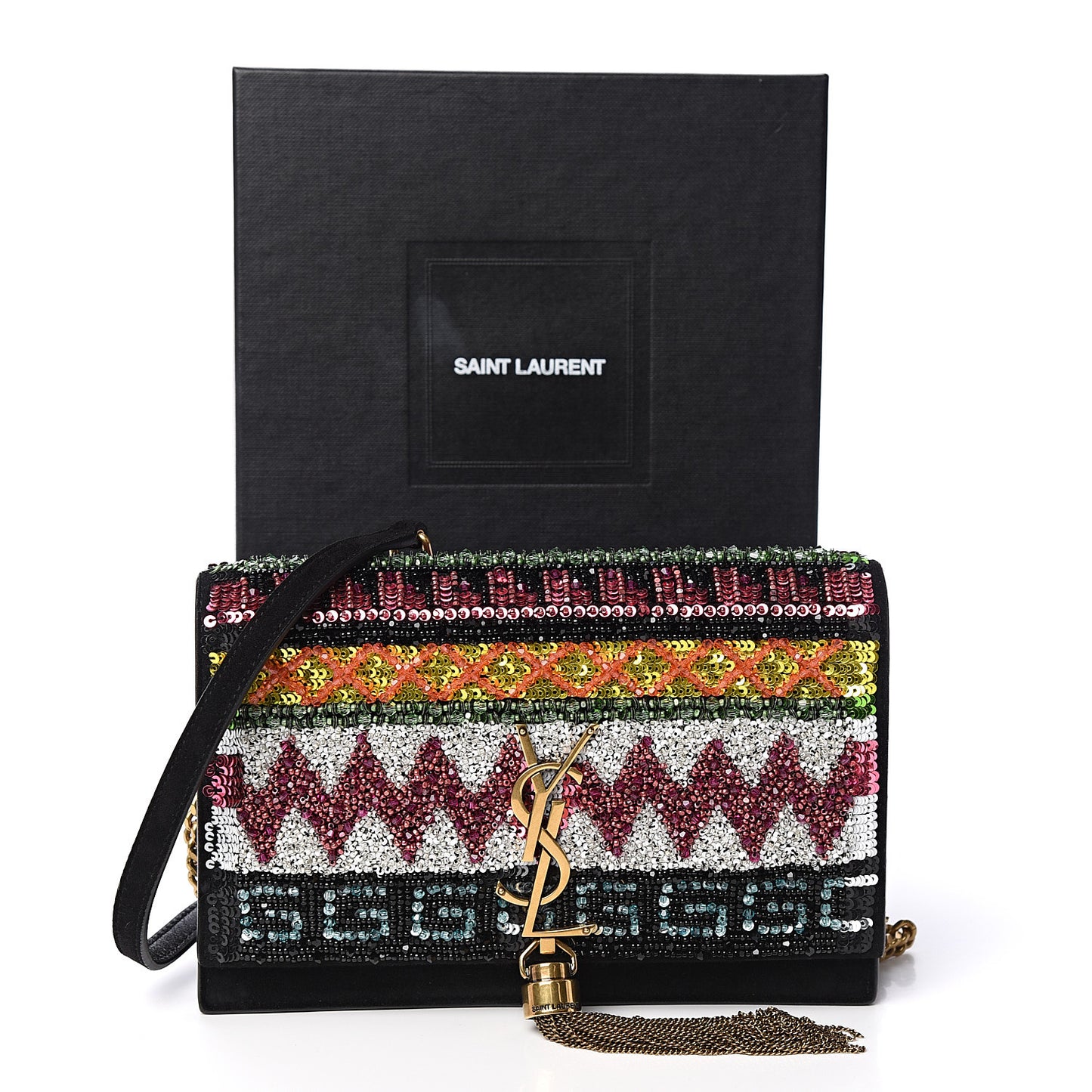 Suede Sequin Bead Embellished Classic Monogram Kate Tassel Chain Wallet Black Multicolor
