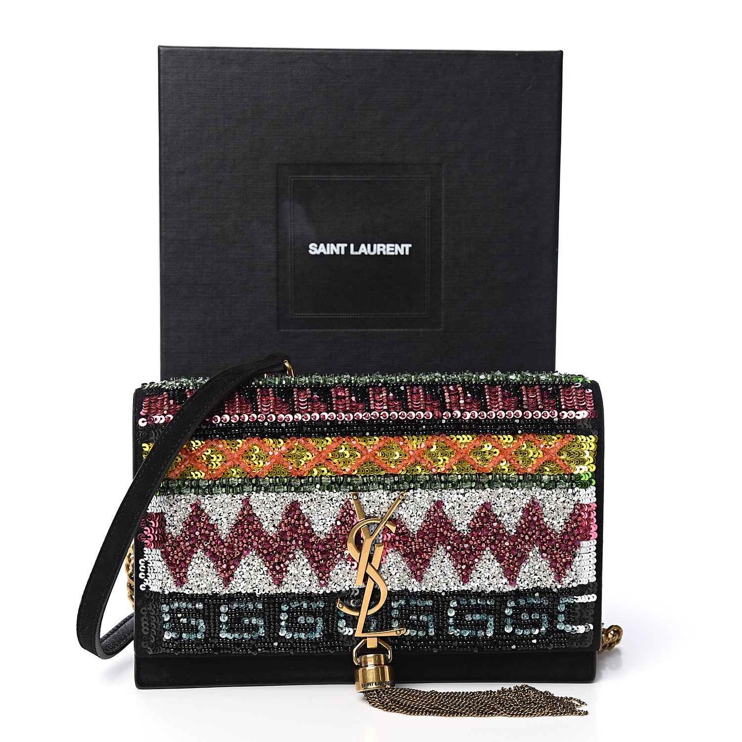 Saint Laurent Suede Sequin Bead Embellished Classic Monogram Kate Tassel Chain Wallet Black Multicolor 10 of 10