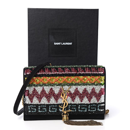 Saint Laurent Suede Sequin Bead Embellished Classic Monogram Kate Tassel Chain Wallet Black Multicolor 10 of 10