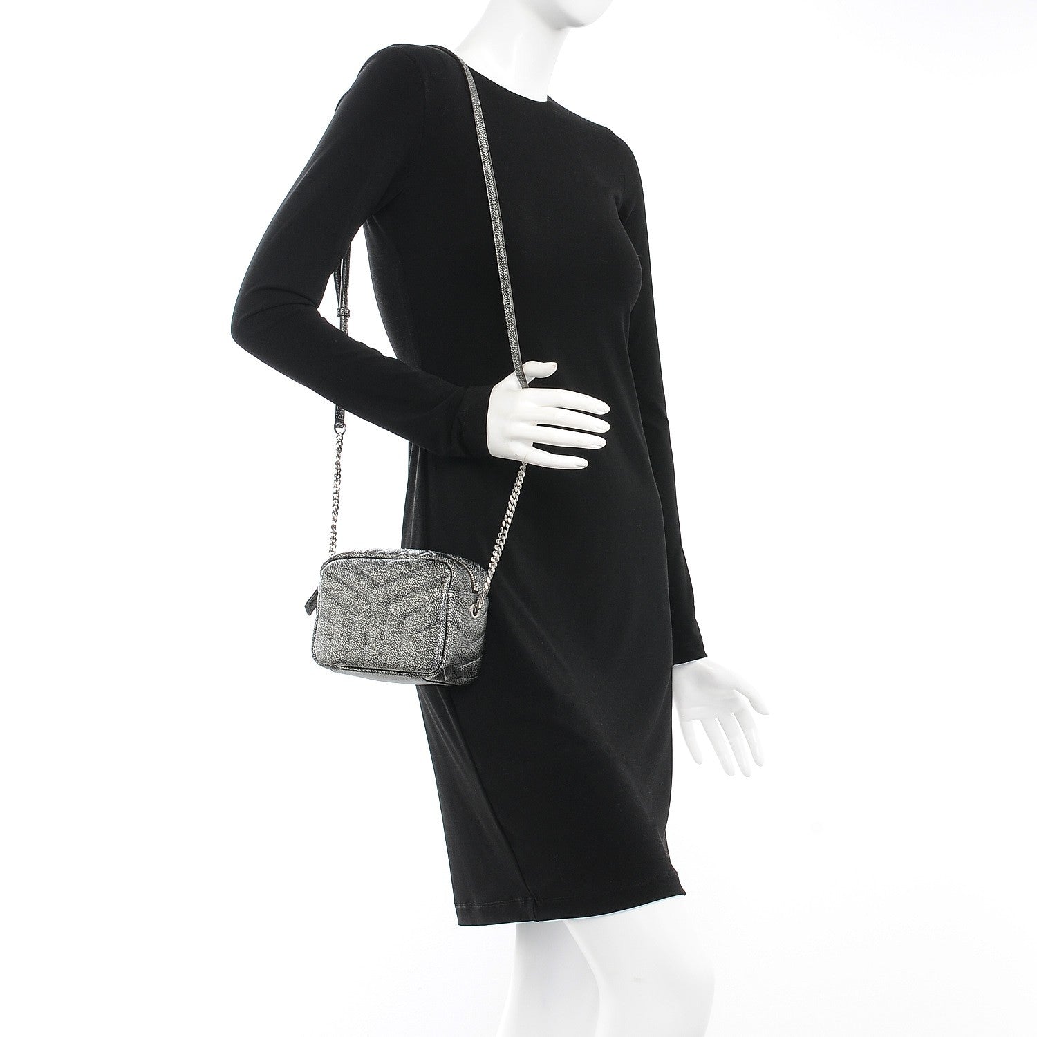 Saint Laurent Metallic Grain De Poudre Y Quilted Monogram Mini Loulou Camera Bag Gun Metal 3 of 7