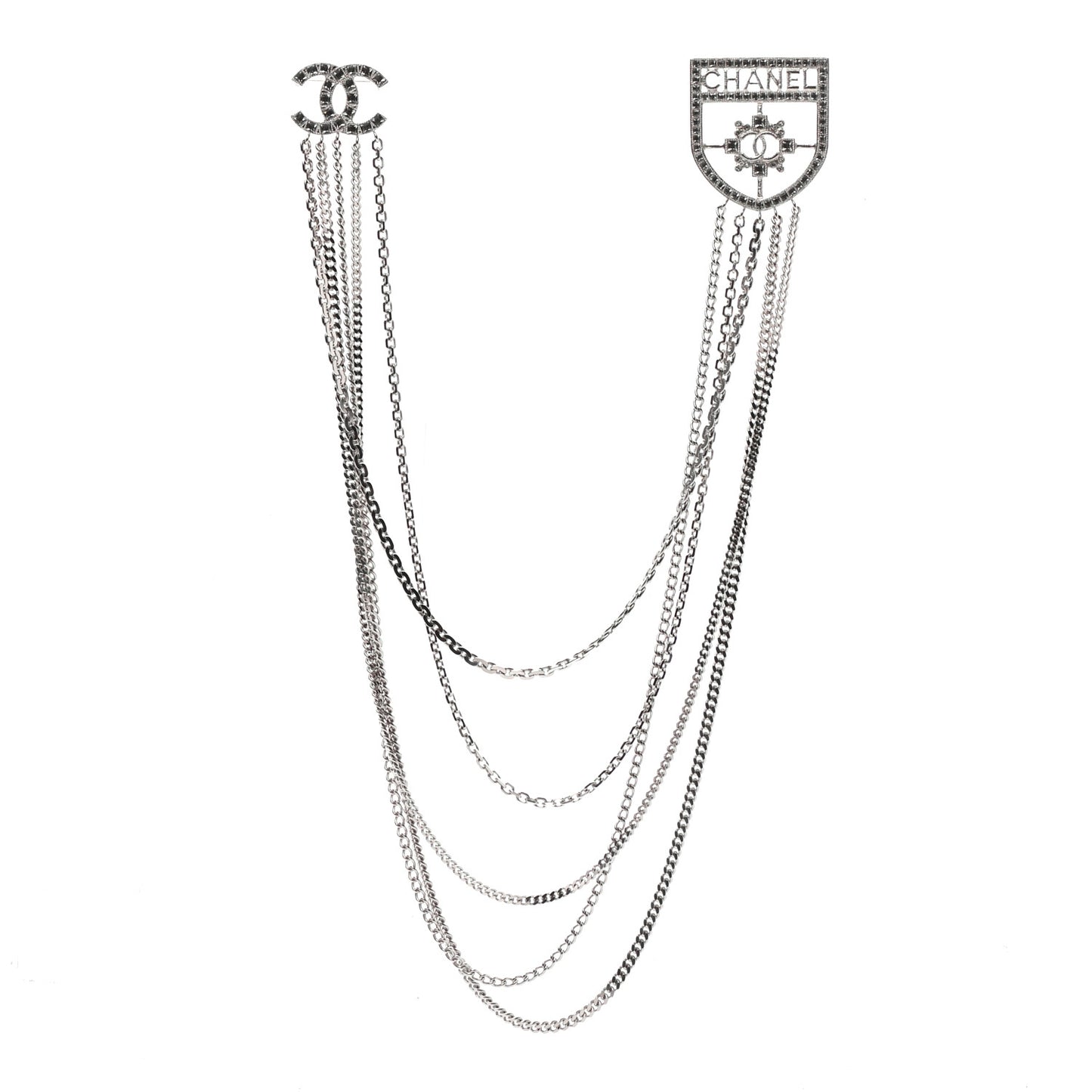 Baguette Crystal CC Shield Multi Strand Long Chain Brooch Silver