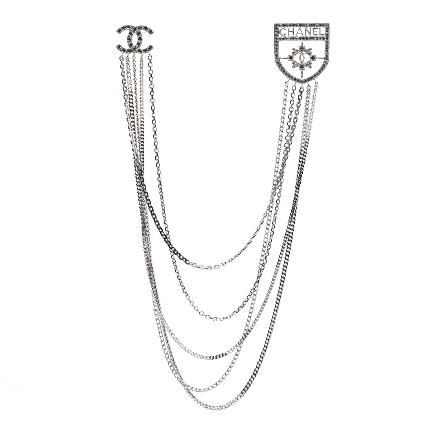 Chanel Baguette Crystal CC Shield Multi Strand Long Chain Brooch Silver 1 of 6