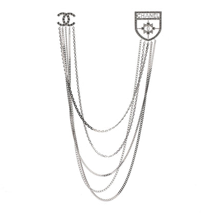 Chanel Baguette Crystal CC Shield Multi Strand Long Chain Brooch Silver 1 of 6