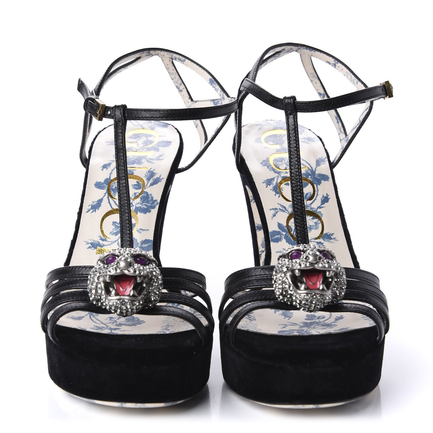 Gucci Velvet Malaga Kid Elias T-Strap Platform High Heel Sandals 35.5 Black 2 of 9