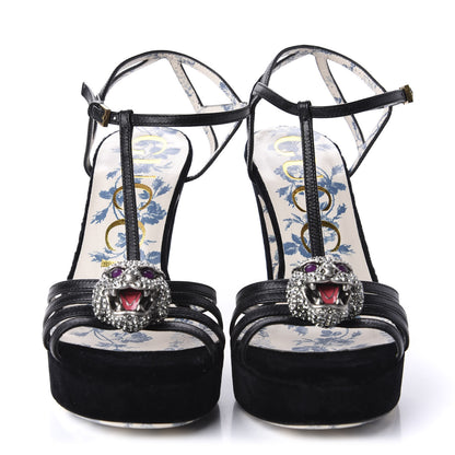 Gucci Velvet Malaga Kid Elias T-Strap Platform High Heel Sandals 35.5 Black 2 of 9