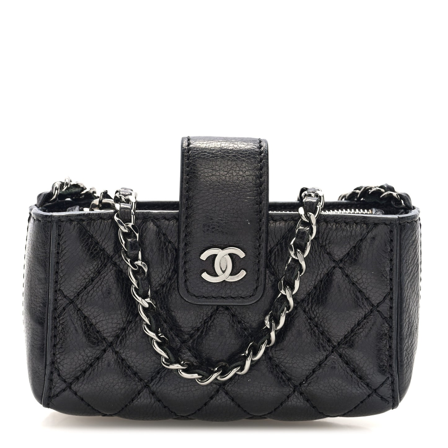 Caviar Quilted Mini Phone Holder Clutch With Chain Black
