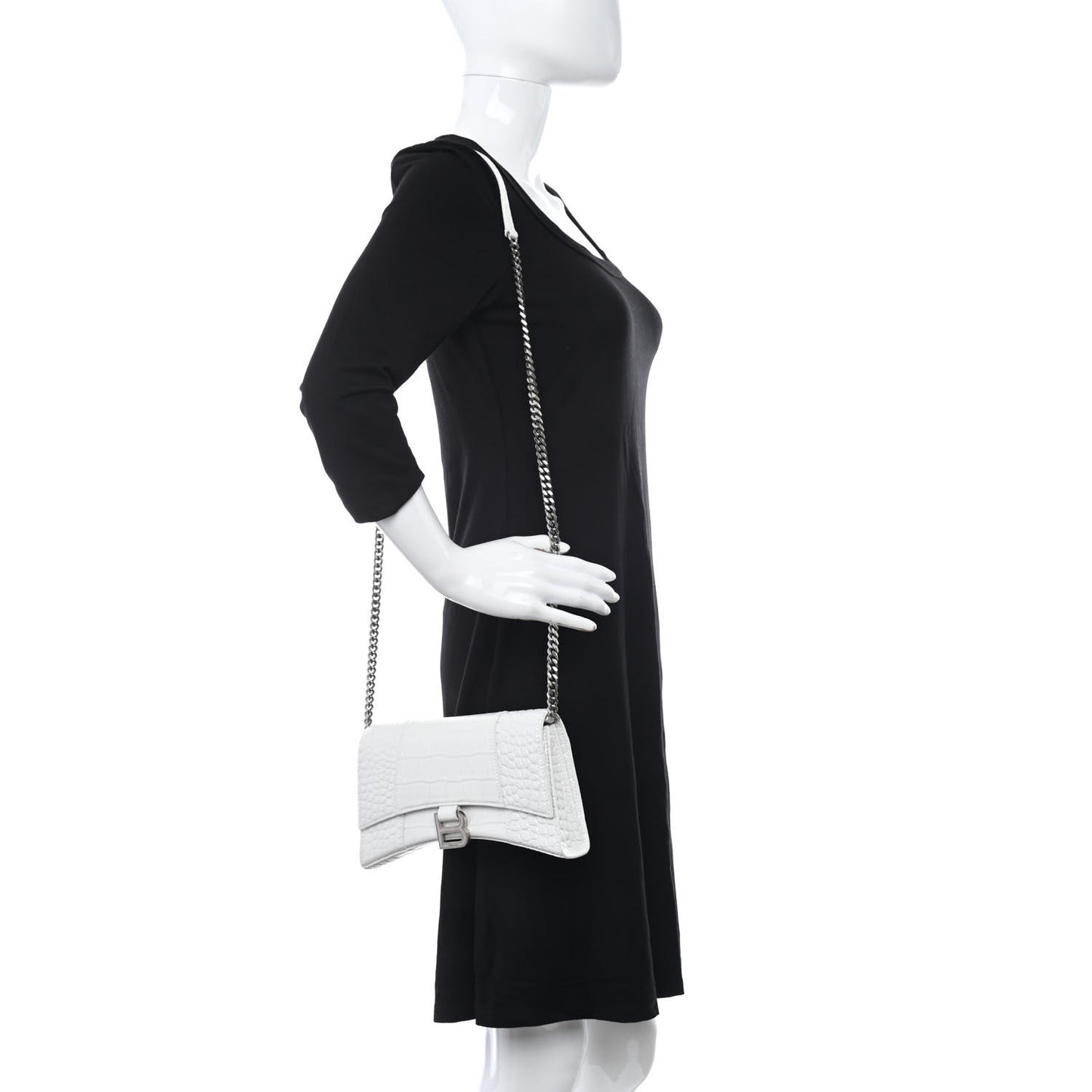 Shiny Calfskin Crocodile Embossed Small Hourglass Evening Chain Bag White