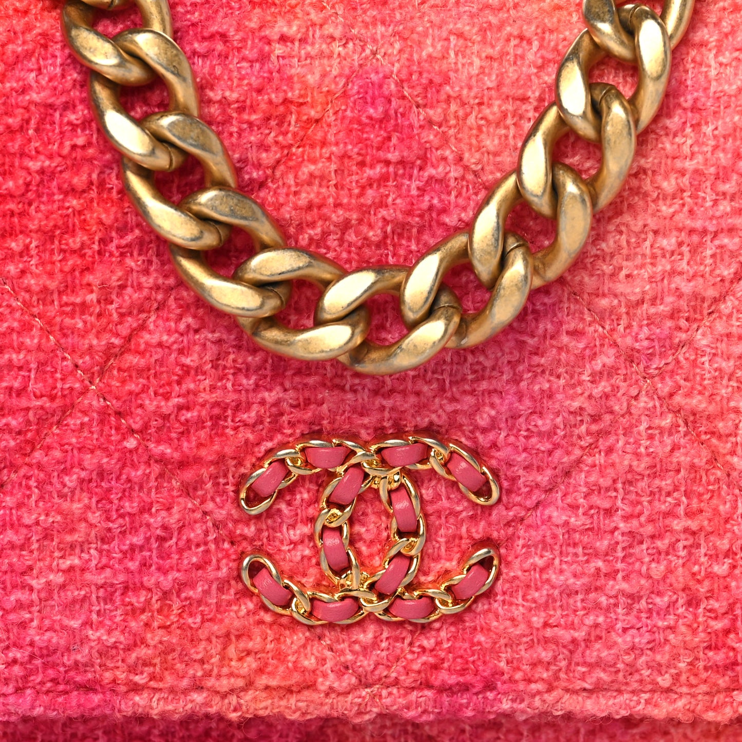 Wool Tweed Lambskin Quilted Chanel 19 Wallet On Chain WOC Coral Pink