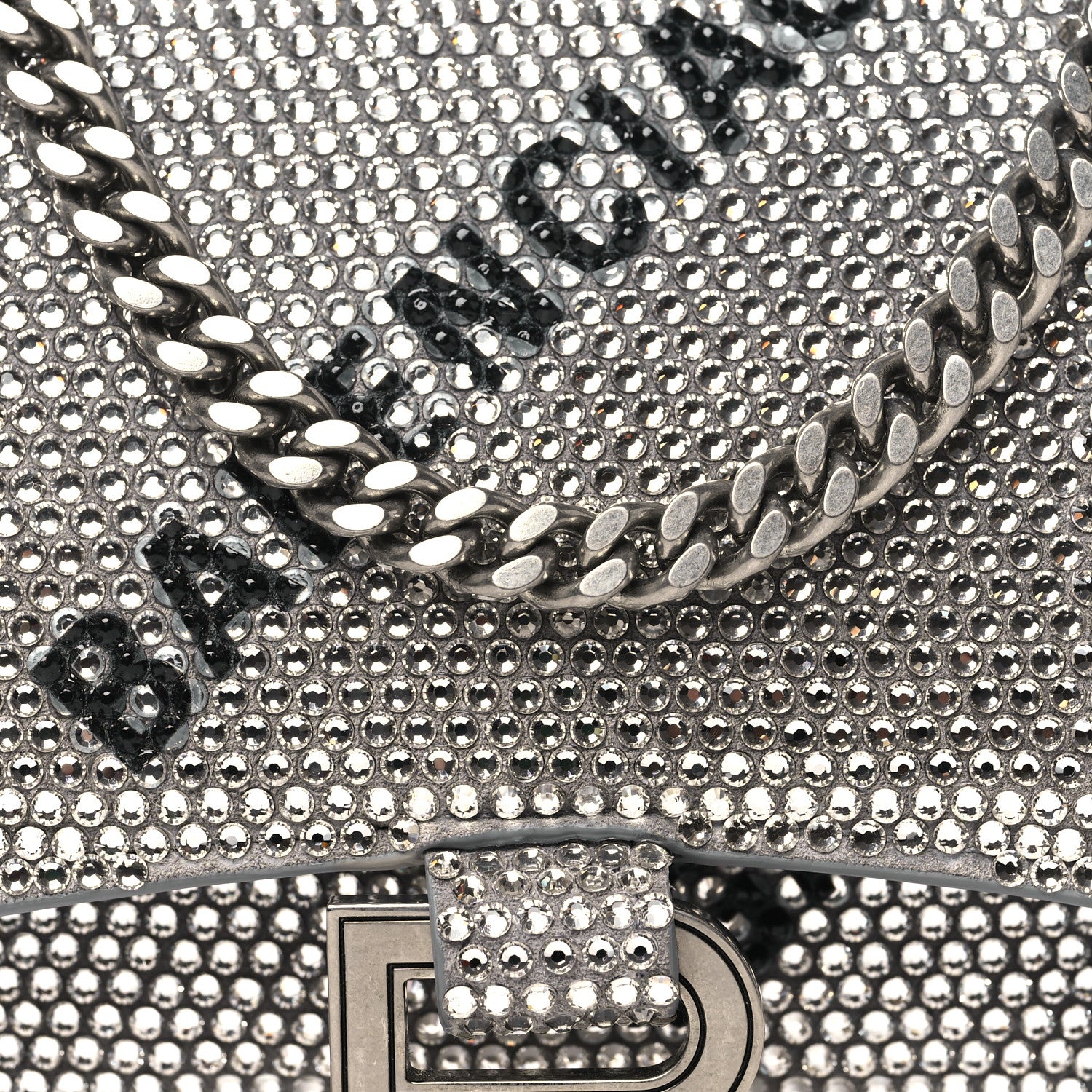 Balenciaga Strass Suede Allover Logo Hourglass Chain Bag Silver Black 8 of 10