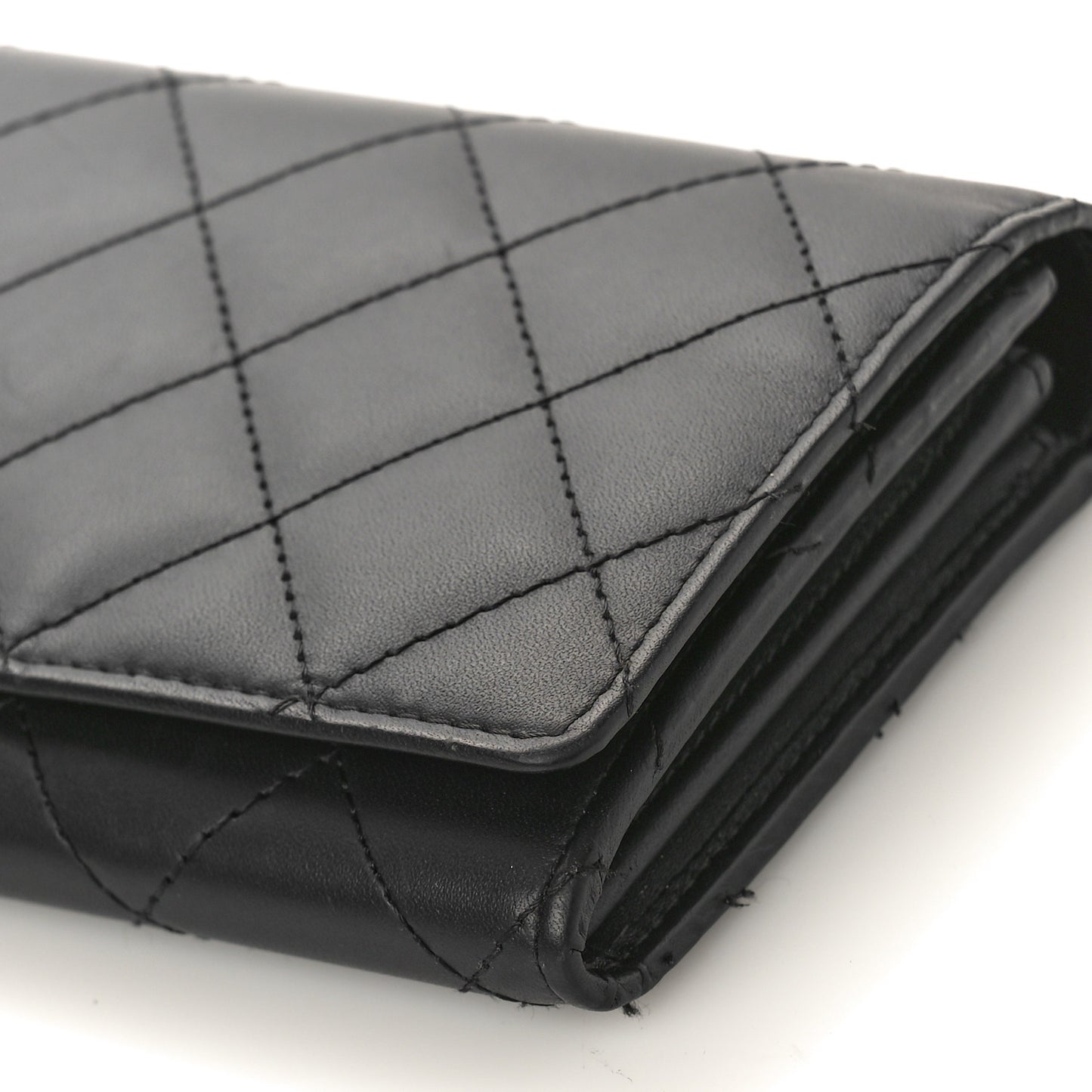 Calfskin Quilted Cambon Gusset Flap Wallet Black