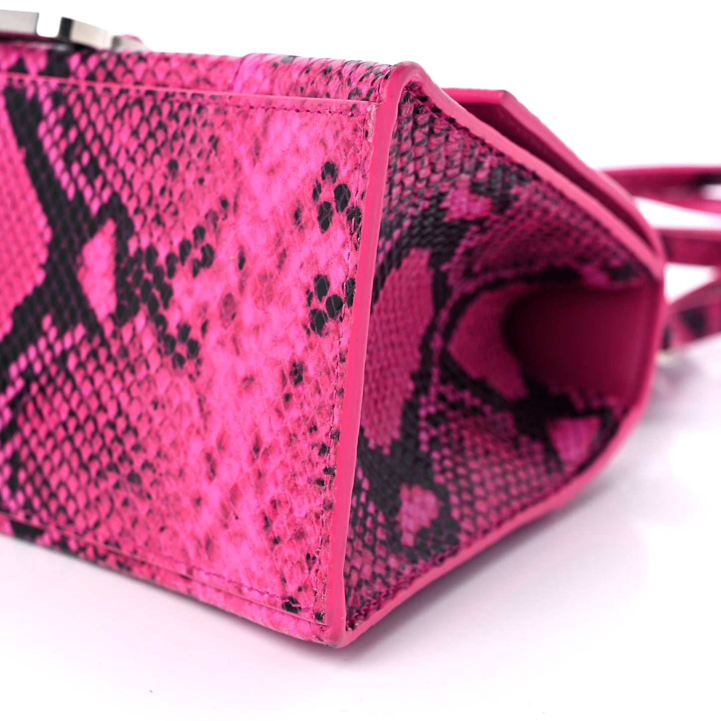 Shiny Calfskin Python Effect Small Hourglass Top Handle Bag Fuchsia Black