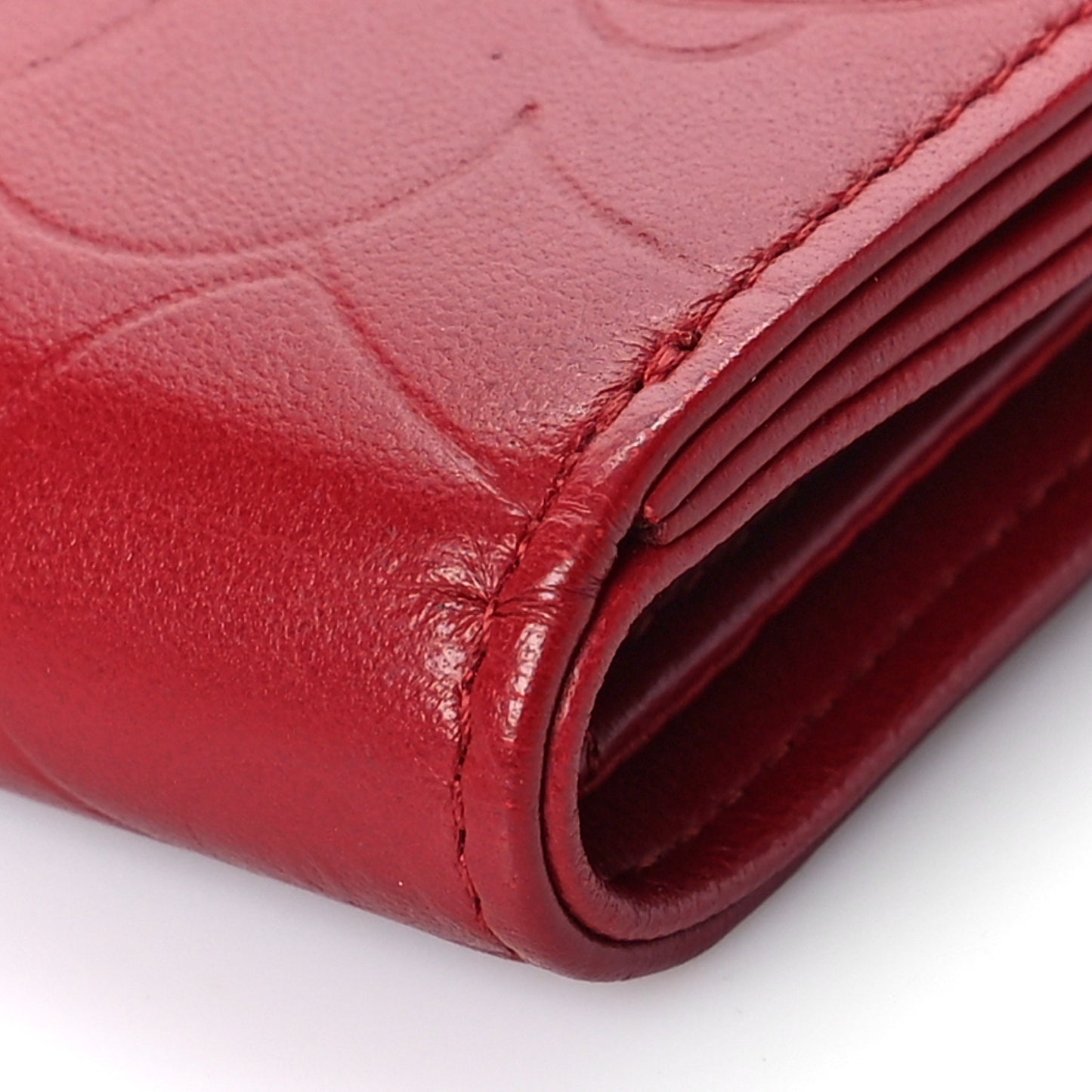 Lambskin Camellia Embossed Compact French Flap Wallet Red