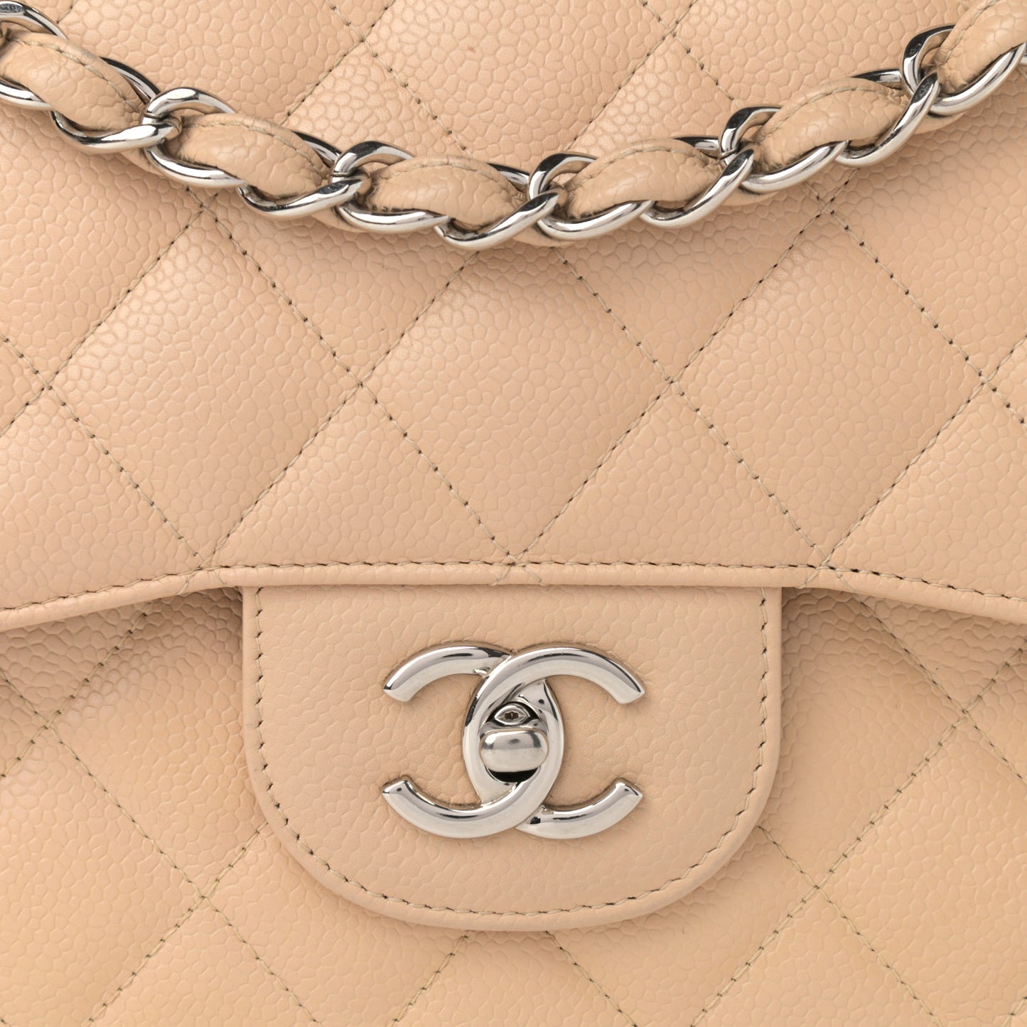 Caviar Quilted Jumbo Double Flap Light Beige