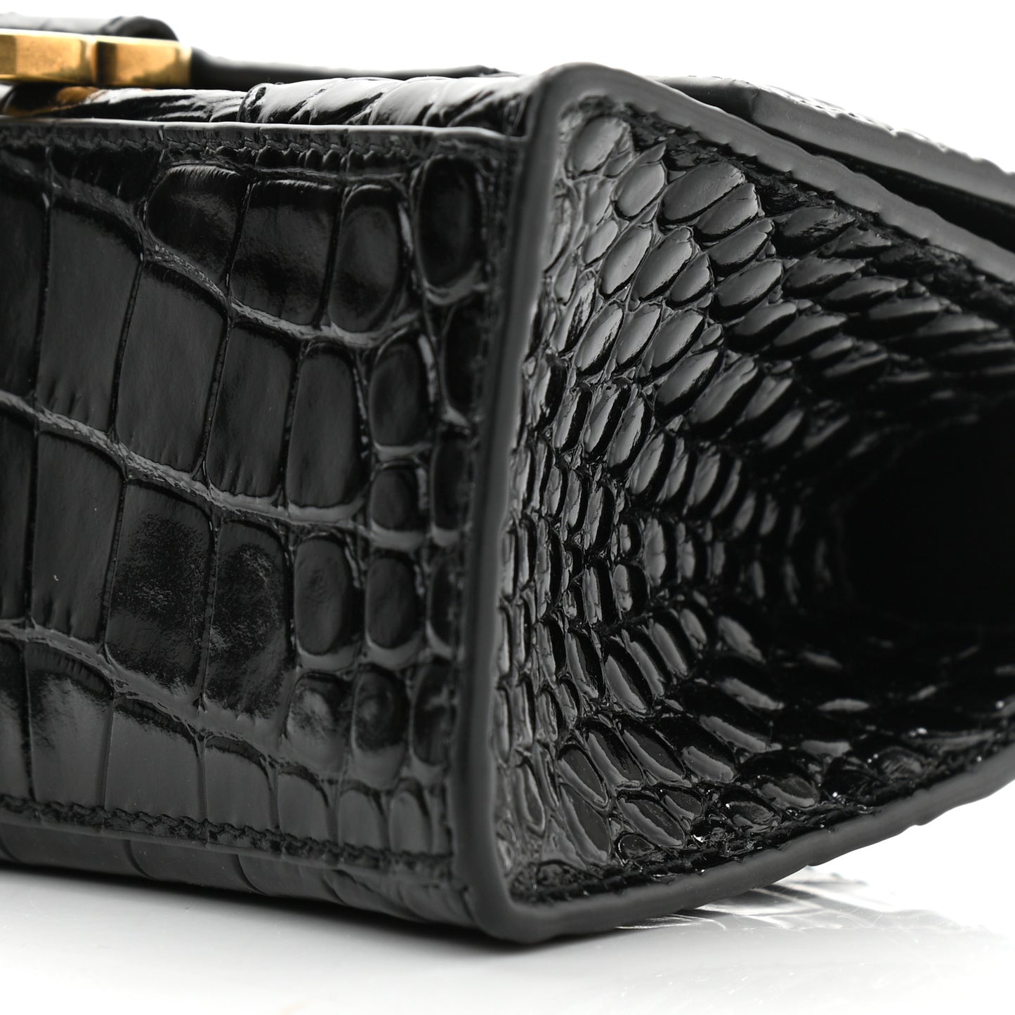 Shiny Calfskin Crocodile Embossed Hourglass Top Handle Bag XS Black