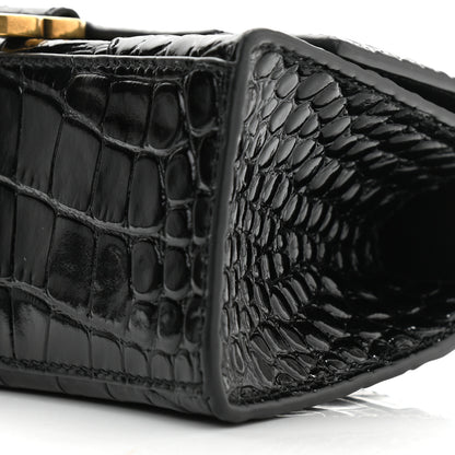 Balenciaga Shiny Calfskin Crocodile Embossed Hourglass Top Handle Bag XS Black 9 of 10