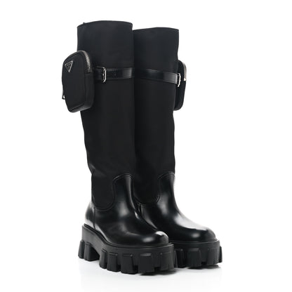 Prada Spazzolato Rois Re-Nylon Metal Triangle Logo Monolith Pouch Pocket 55mm Tall Boots 35 Black 4 of 7