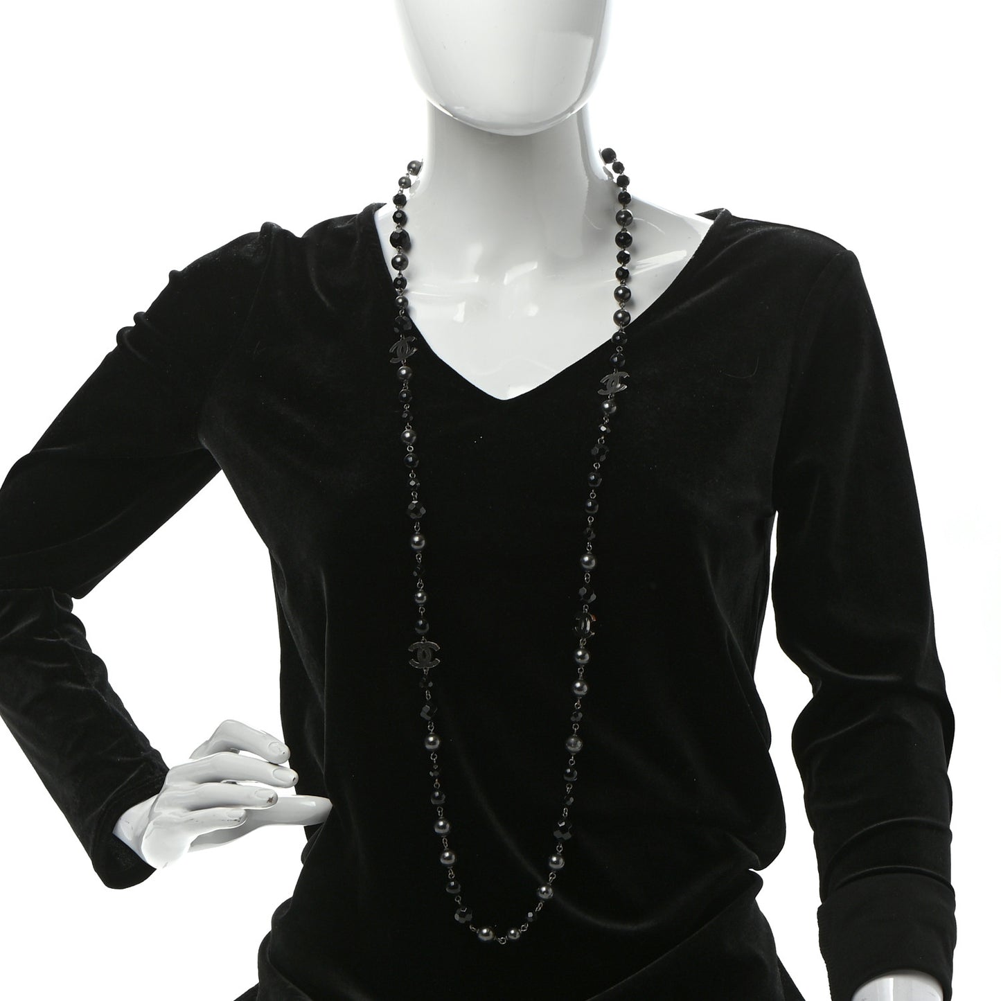Pearl Beaded CC Long Necklace Silver Black