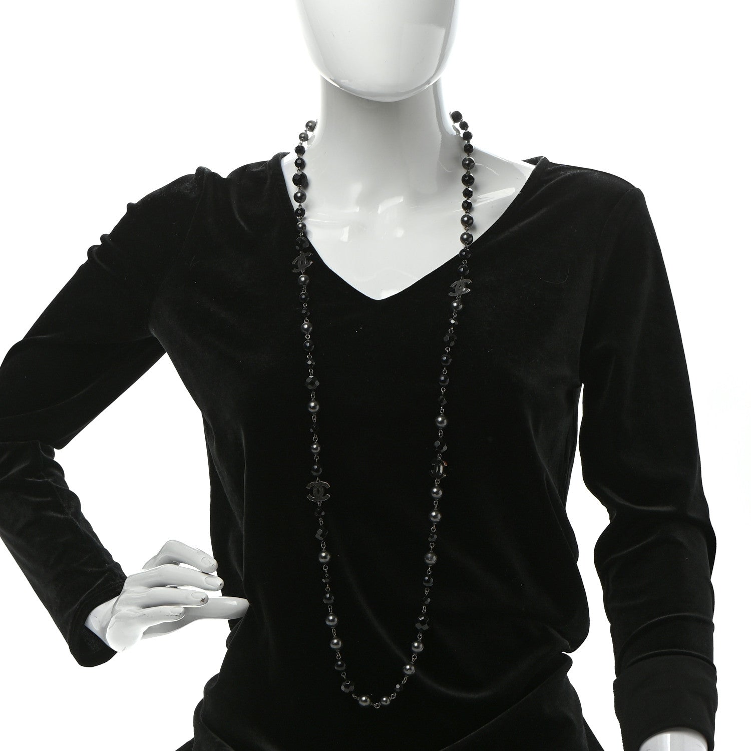 Chanel Pearl Beaded CC Long Necklace Silver Black 2 of 5