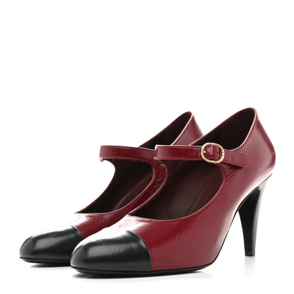 Chanel Shiny Goatskin Cap Toe Mary Jane Pumps 41 Burgundy Dark Grey 4 of 10