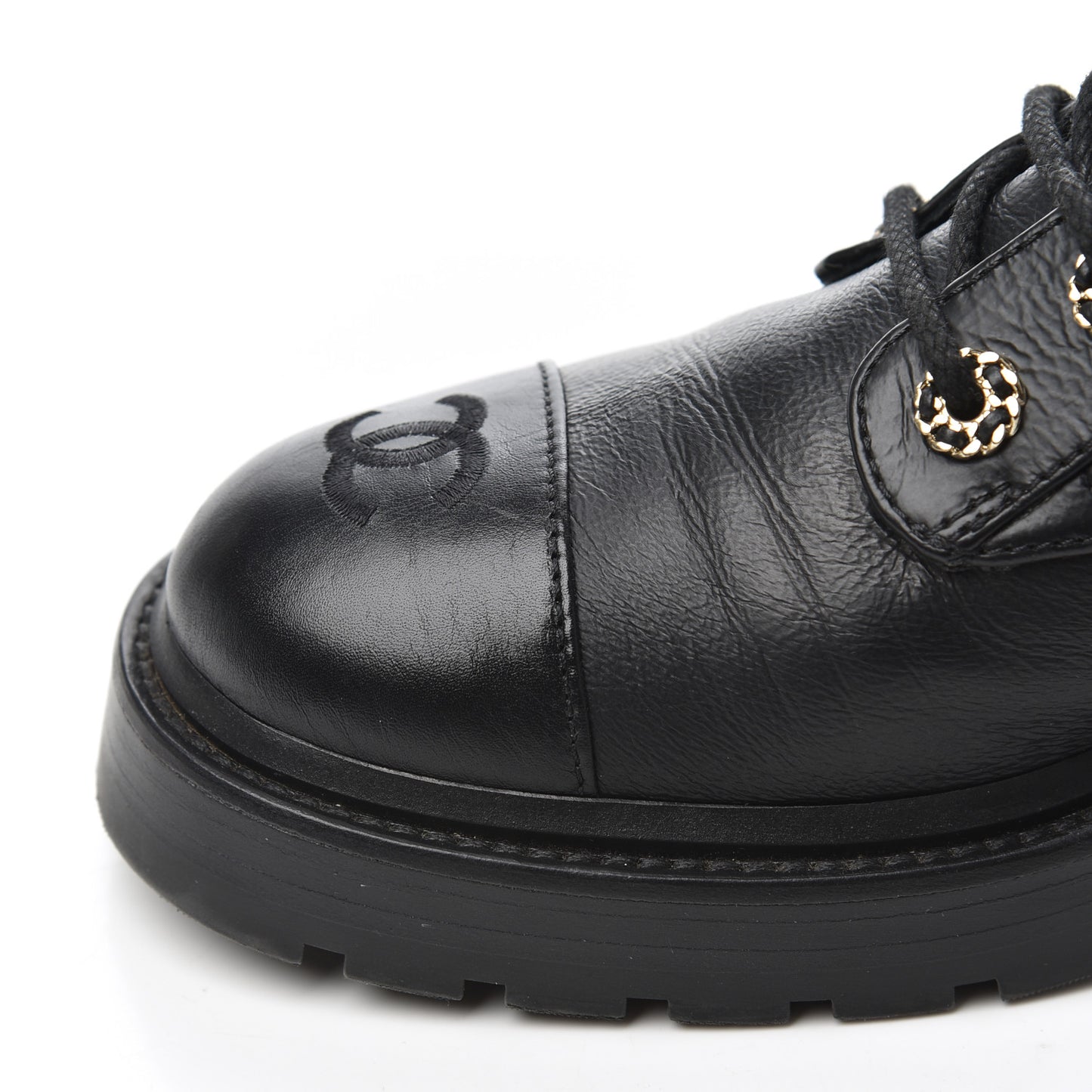 Shiny Goatskin Calfskin Quilted Lace Up Combat Boots 38.5 Black