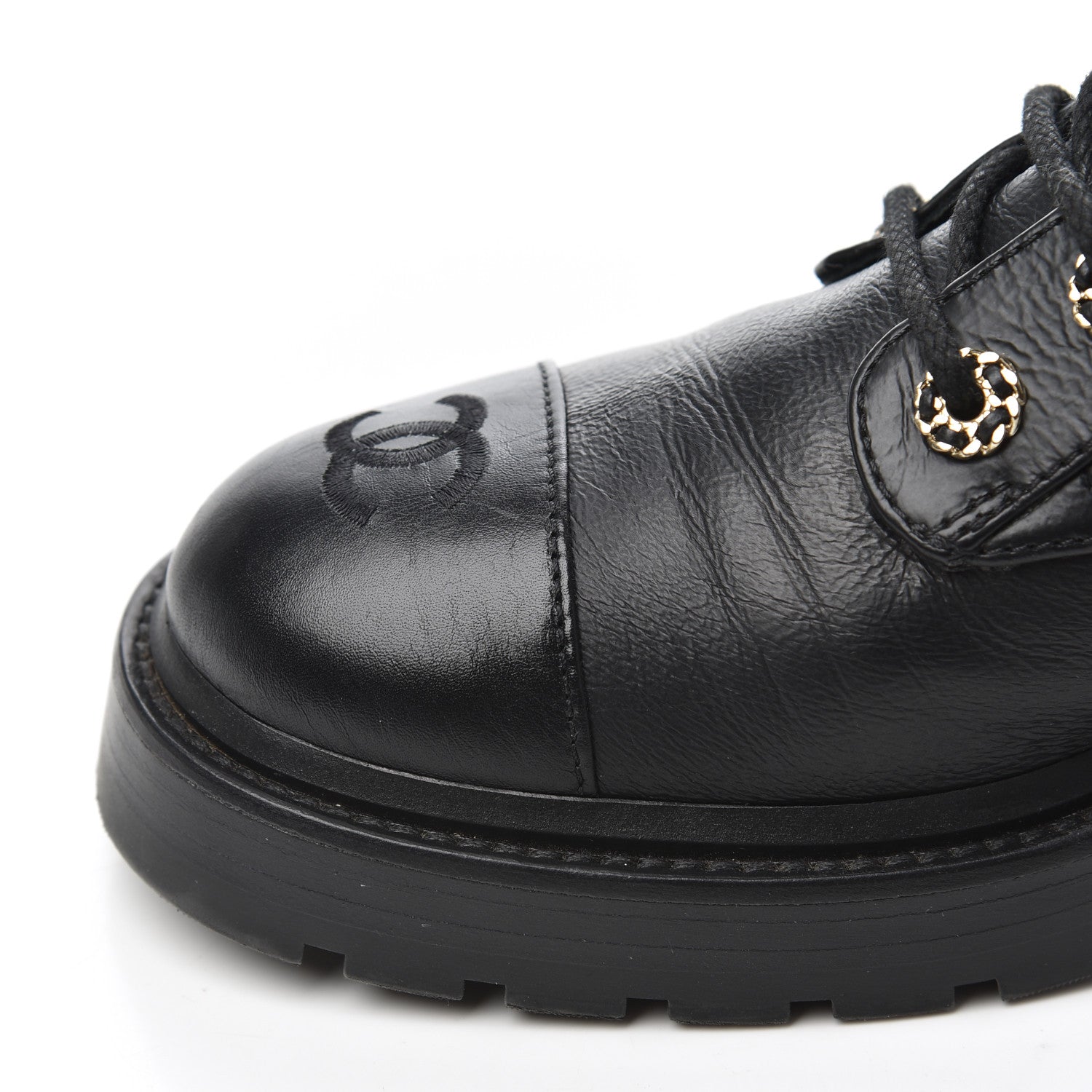 Chanel Shiny Goatskin Calfskin Quilted Lace Up Combat Boots 38.5 Black 10 of 14