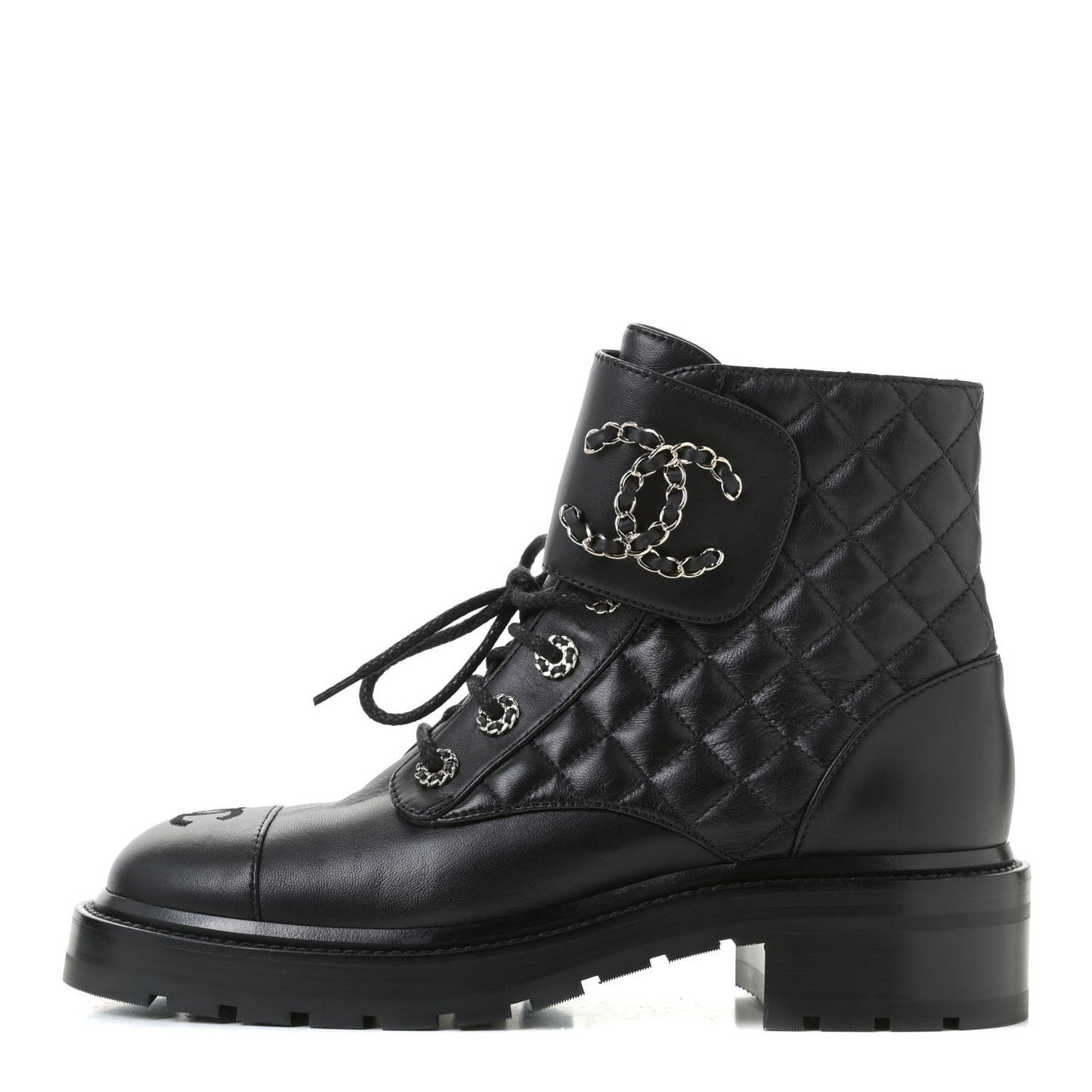 Shiny Lambskin Quilted Lace Up Combat Boots 38.5 Black