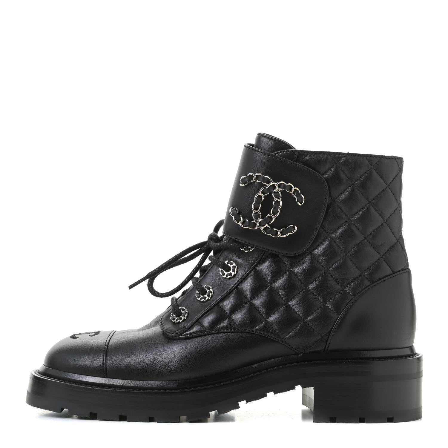 Chanel Shiny Lambskin Quilted Lace Up Combat Boots 38.5 Black 1 of 11