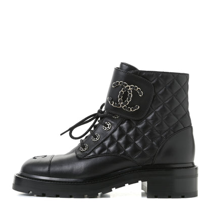 Chanel Shiny Lambskin Quilted Lace Up Combat Boots 38.5 Black 1 of 11