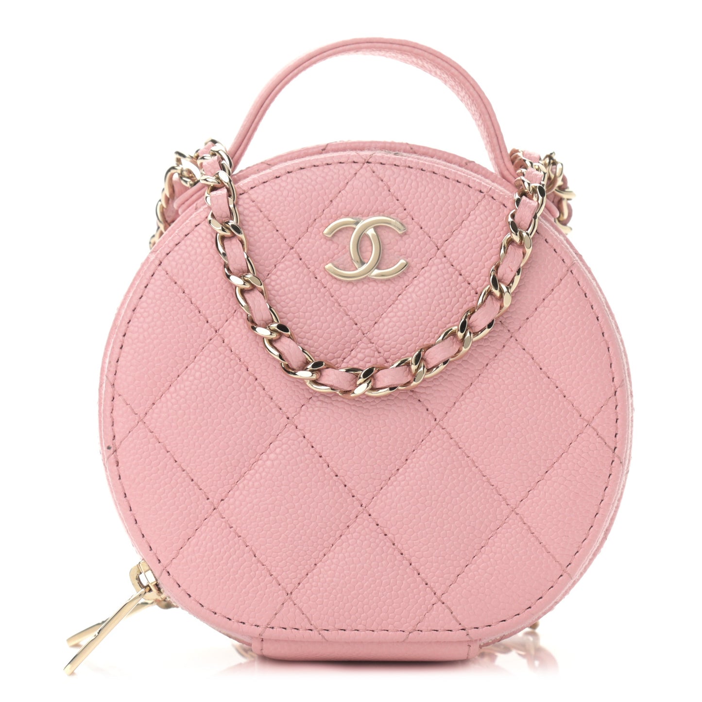 Caviar Quilted Round Handle With Care Vanity With Chain Pink