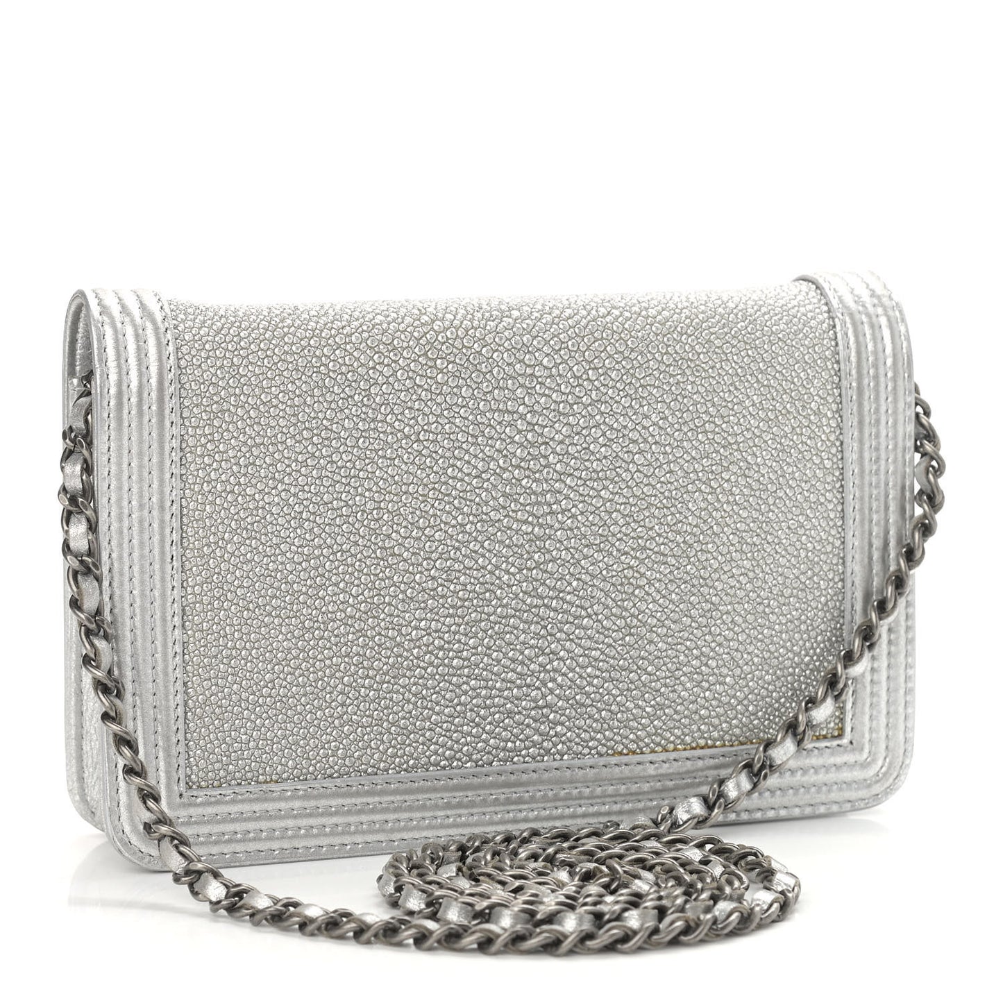 Metallic Galuchat Stingray Lambskin Boy Wallet On Chain WOC Silver