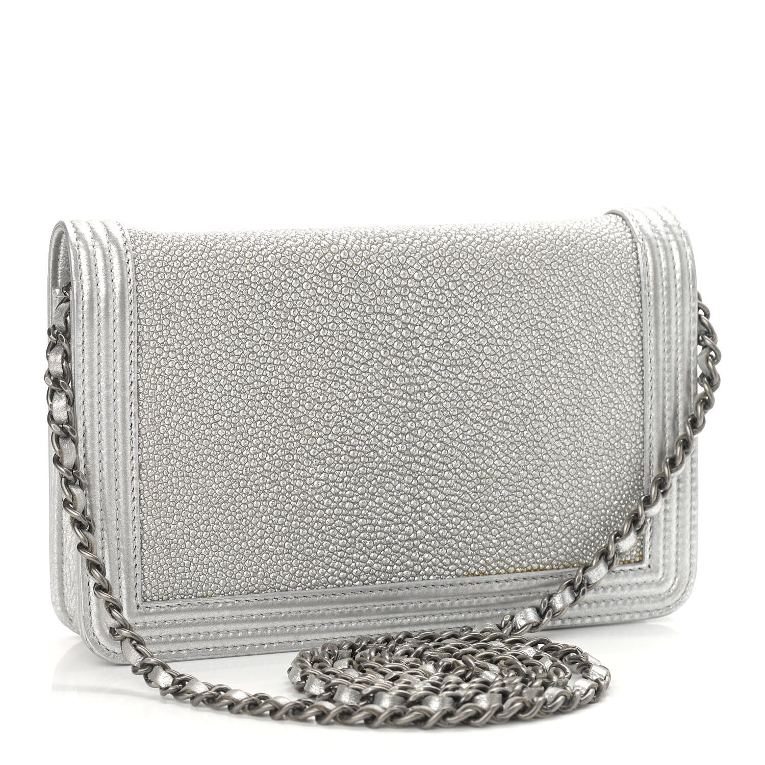 Chanel Metallic Galuchat Stingray Lambskin Boy Wallet On Chain WOC Silver 3 of 14