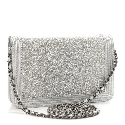 Chanel Metallic Galuchat Stingray Lambskin Boy Wallet On Chain WOC Silver 3 of 14