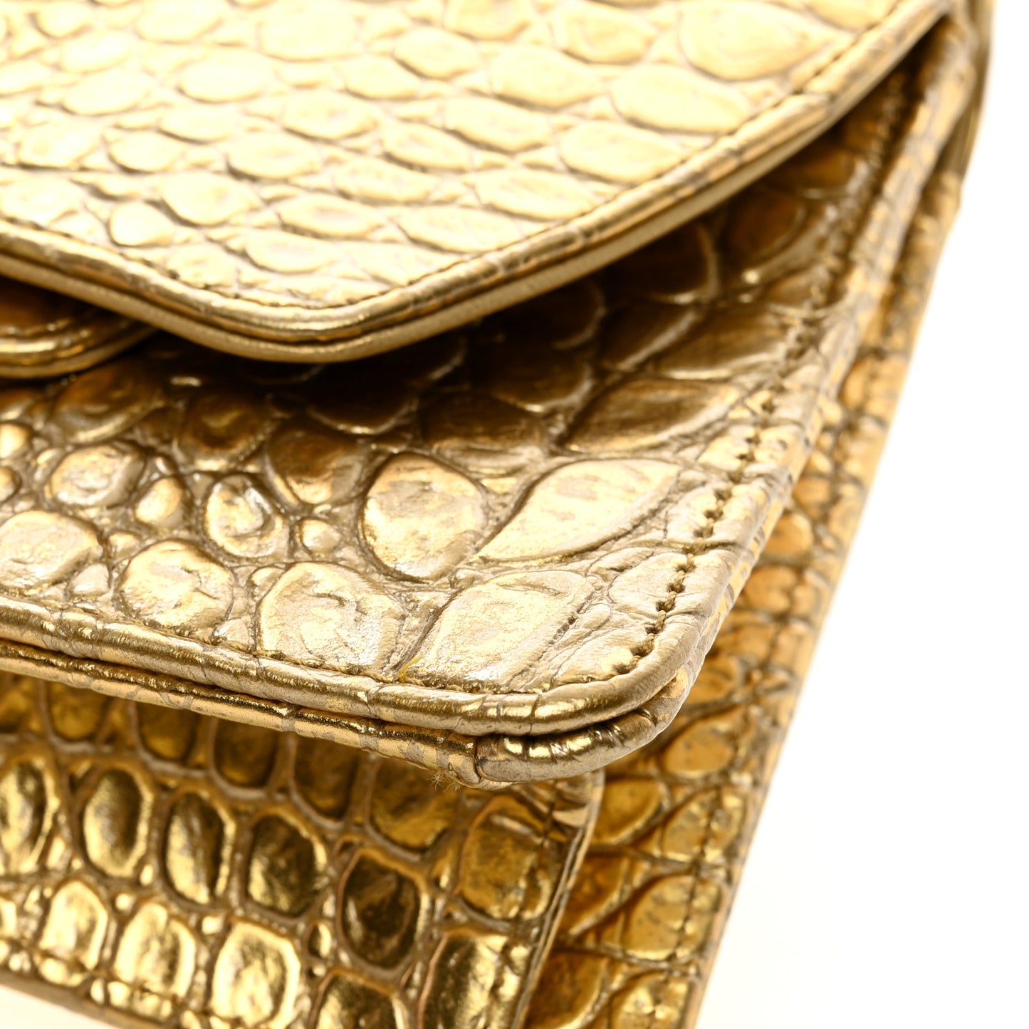 Metallic Calfskin Crocodile Embossed Cocodile Clutch Gold