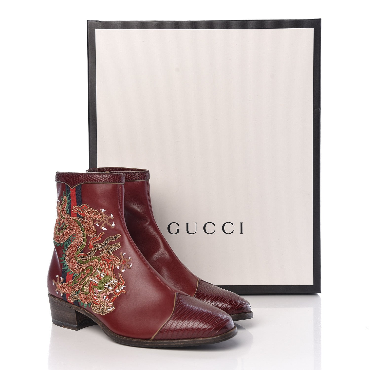 Gucci Calfskin Malaga Kid Lizard Web Dragon Embroidered Ankle Boots 35.5 Bordeaux 11 of 11