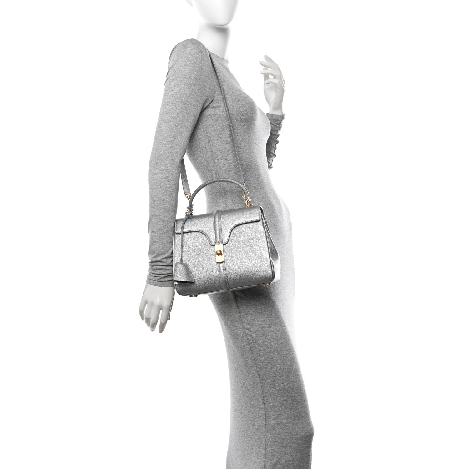 Celine Laminated Grained Calfskin 16 Top Handle Bag Silver 2 of 10