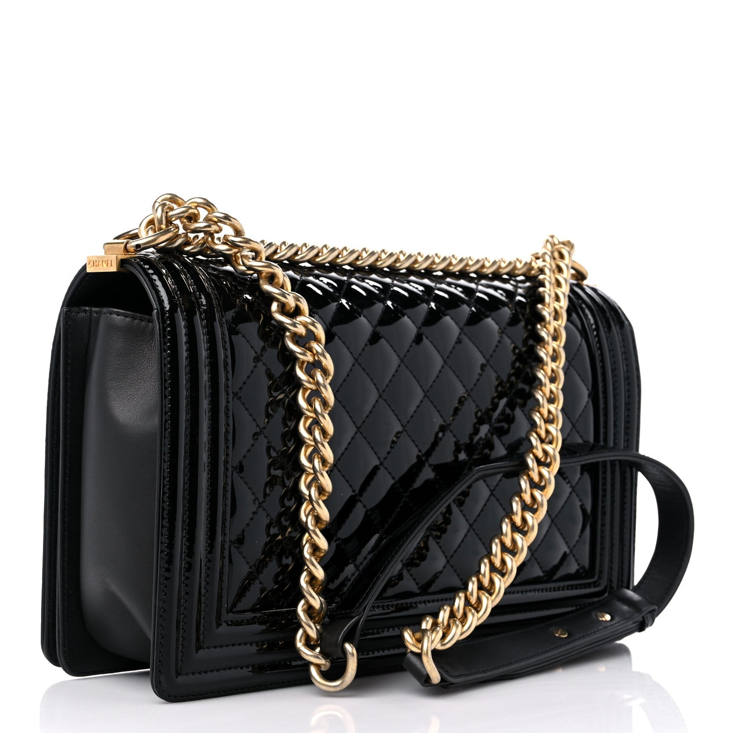 Patent Calfskin Quilted New Medium Boy Flap Black