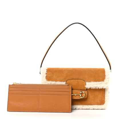 Gucci Suede Shearling Horsebit Mini 1955 Shoulder Bag Honey Beige Milk 3 of 11