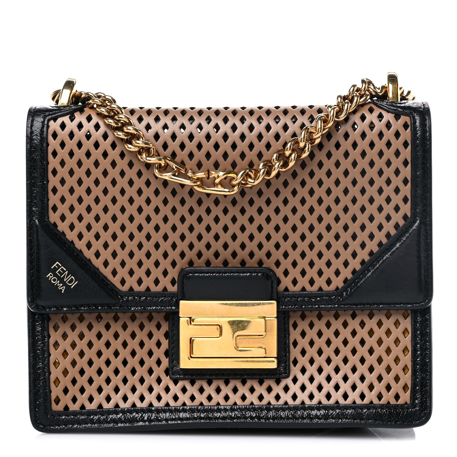 Fendi Vitello Liberty Glossy Lambskin Perforated Small Kan U Shoulder Bag Sand Mimosa Black 1 of 8